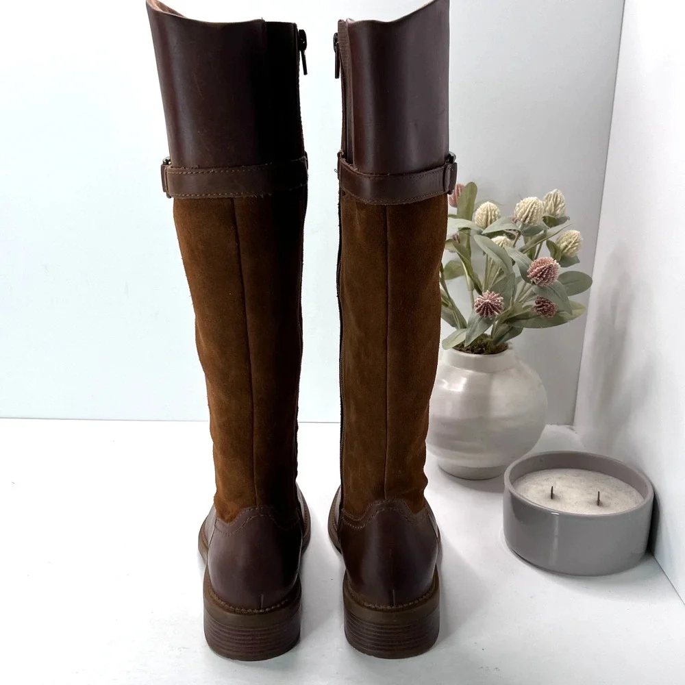 Clarks Maye Carly Leather/Suede Knee High Boots Buckle Detail Brown Women's 6M